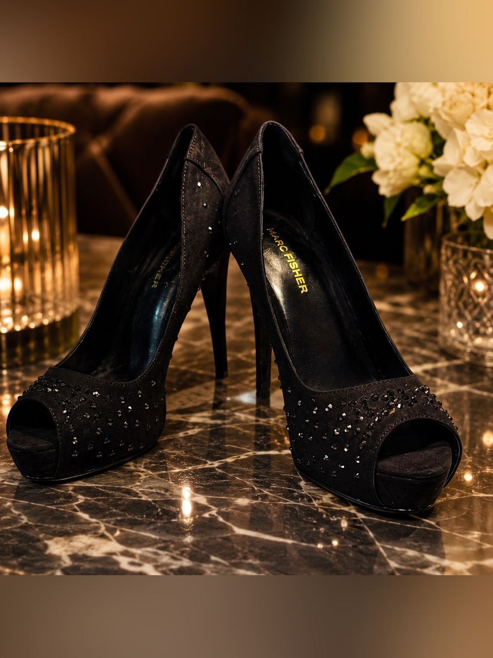 Marc Fisher Black Rhinestone Peep Toe Platform Heels Size 7 Glam Pumps